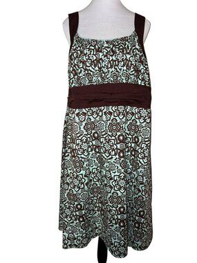 Dressbarn Brown & Aqua Sleeveless Floral Print Cotton Blend Dress Size 16